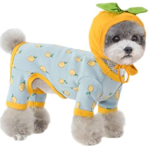 Lemon Print Dog Clothes Pet Dog Pajamas Jumpsuits Autumn Winter Cute Hoodie Shirt Overalls With Hat For Small Medium Dogs Poodle
