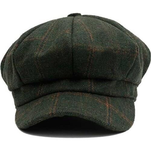 New Autumn Spring Cute Casual Octagonal Hat Female Small Plaid Beret British Retro Duck Tongue Painter Wool Hat