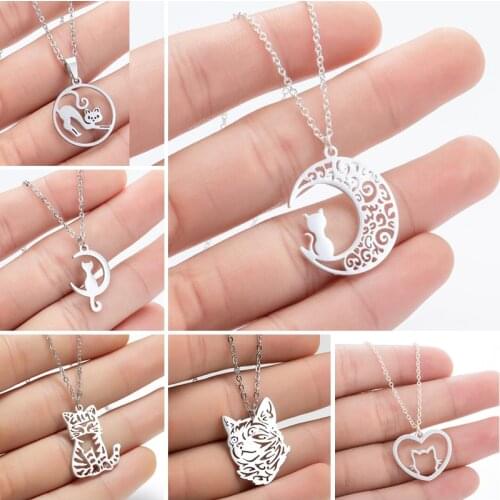 Hfarich Cute Cat Necklaces for Women Girls Gold Color Stainless Steel Necklace Kitty Cat on Moon Pendant Choker 2020