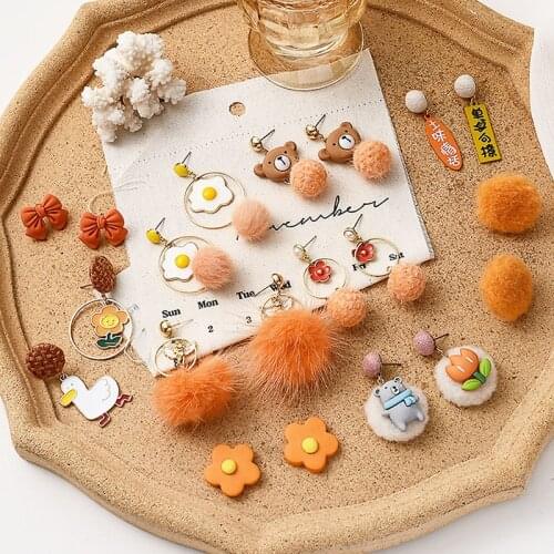 Warm Brown Earrings For Women 2020 Cute Charms Plush Ball Flower Bear Bow Drop Ears Good Gift S925 Needle