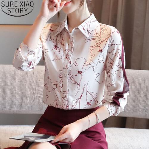 Chiffon Blouse Print Shirt Korean Office Long Sleeve Shirts Women POLO Collar Cardigan Blusas Mujer De Moda 2021 Tops 10841