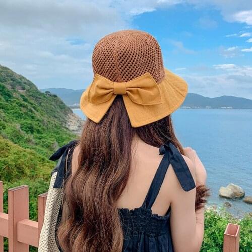 2020 New Bow Sun Hat Cap Wide Brim Floppy Top Summer Hats For Women Beach Panama Straw Dome Bucket Hat Hollow Out Visor Bonnet