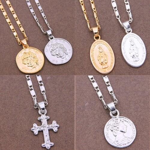 Vintage Matte Gold Geometric Portrait Cross Necklace Alloy Charms Diy Coin Maria Bracelet Necklace Pendant Jewelry gift Finding