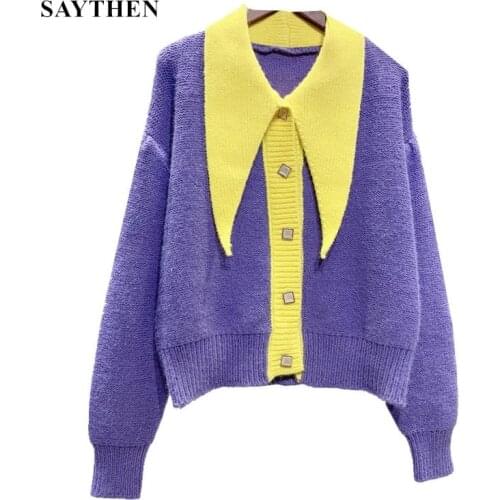 Saythen Long Sleeve Contrast Color Patchwork Knit Cardigan Sweater Womens V-neck Lapel Casual Button Jacket 2020 Autumn Winter