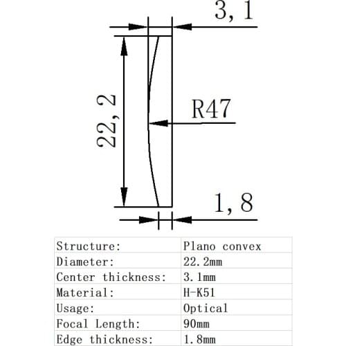 Plano Convex Lens Diameter 22.2mm Focal Length 90mm H-K51 Glass Lens Optical Glass Optical Lens