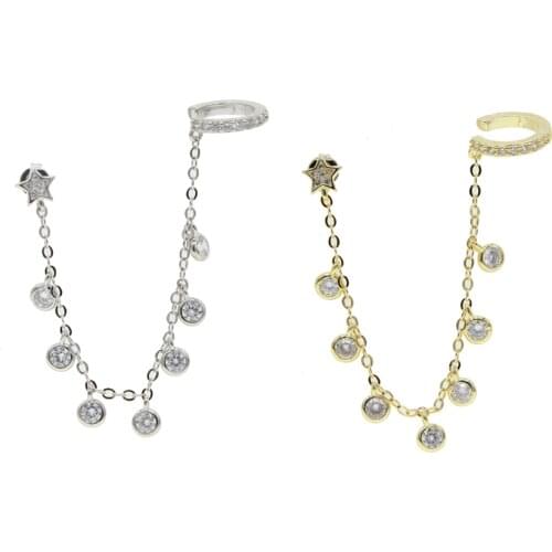 High quality Tassel chain drip cz star charm 1 piece earring cuff for women Romantic fashion link chain clip on earring