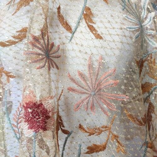 High quality Brown gauze fabric Gold thread flower embroidery tissu Wedding dress skirt costume handwork sewing