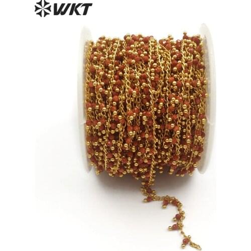 WT-RBC085 Natural Gold Sand Faceted Gems Beads Chain Gold Metal Wire Wrapped Rosary Chain Reddish Brown Color Beaded