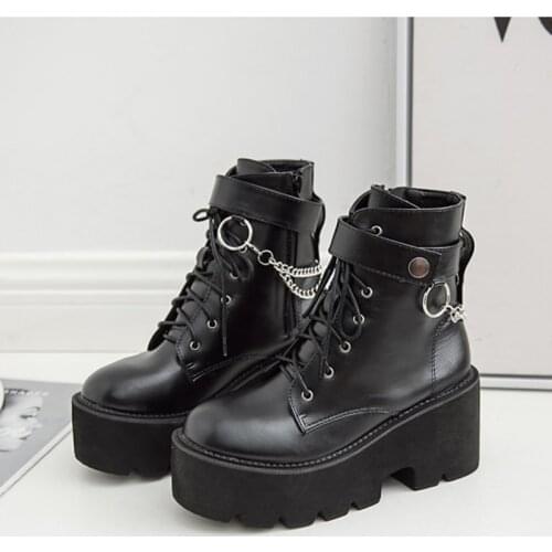 FONBERRY Metal Chains Chunky Platform Womens Boots Round Toe Martin Boots Women Winter Black Punk Goth Boots SWE0872