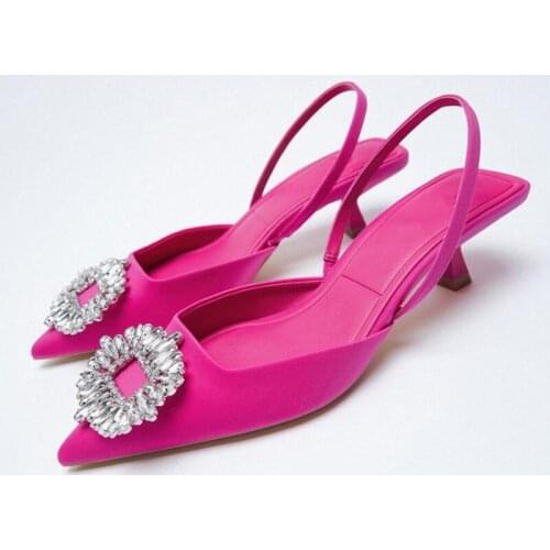 2021 Summer Women Pointed Toe Sandals Square Heels Back Ankle Wrap Rhinestone Leather Ladies Fashion Party Shoes Plus Size 35-42