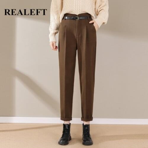 REALEFT 2021 New Womens Woolen Pants With Belt Warm Elegant High Waist Pockets Solid Color Haroun Trousers Suit Pants Female