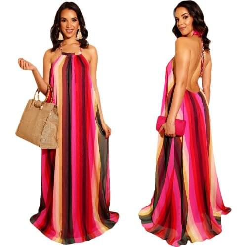 Women Sundress Gradient Rainbow Long Halter Dress Sexy Off Shoulder Backless Ruched Pleated Loose Maxi Beach Open Back Chiffon