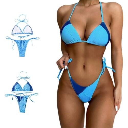 2021 Ladies Summer Split Swimwear Set Creative Denim Splicing Color Matching Hanging Neck Tie Up Sexy Backless Bikini Swimsuit