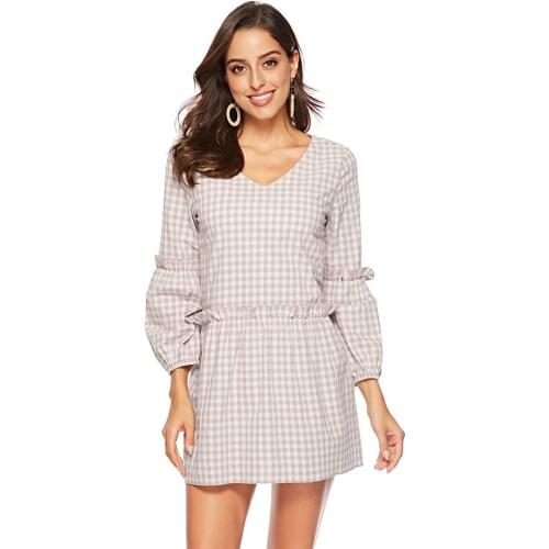 Dabourfeel Women Plaid Mini Dress Lantern Sleeve V-Neck Ruffles Fashion Elegant Simplicity Office Commute 2021 New Style