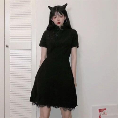 Gothic Cheongsam Lace Dress Womens Black Retro Stand-Up Collar Buckle Short-Sleeve Skirt 2021 New All-match Halloween Dark Girl