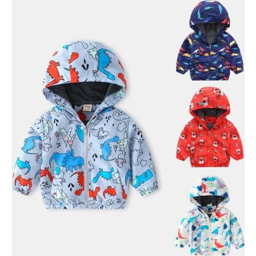 2-7 Years Winter Childrens Outerwear Jacket for Girls Boys Cartoon Dinosaur Print Zipper Tops Kids Hooded Coat Infant Clothing