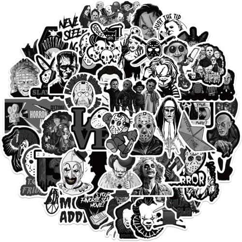 10/50PCS Black and White Mix Horror Movie Graffiti Stickers Travel Skateboard Suitcase Guitar Funny Cartoon Kid Sticker Toy
