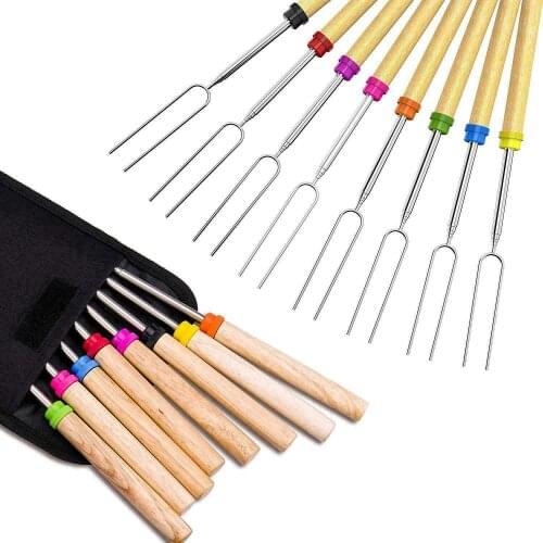 8x 32'' BBQ Fork Telescoping BBQ Marshmallow Roasting Sticks Skewers Hot Dog Forks Barbecue Tools with Black Storage Bag #40