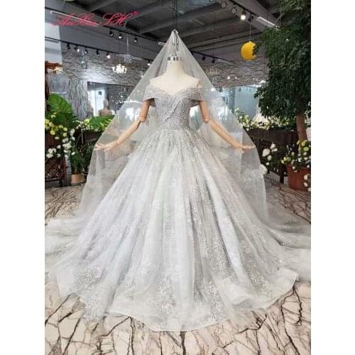 AnXin SH Luxury grey lace vintage beading crystal dubai sleeveless boat neck sparkly ball gown wedding dress 100% real photo