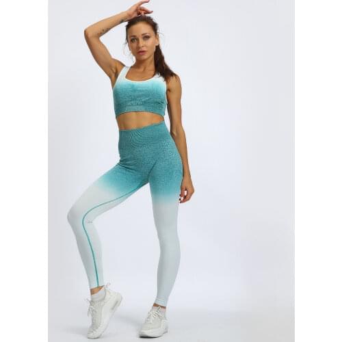 Seamless High Waist Gradient Yoga Set Gym Running Fitness Women Sportwear Stretch Push Up Leggings & Bra Ombre Workout Suits