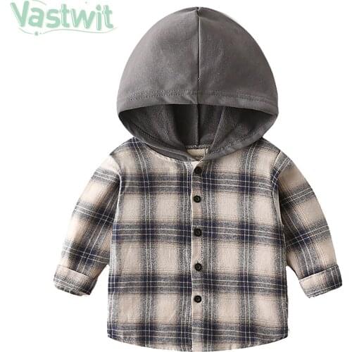 2021 Spring Autumn Childrens Clothe Blouses Baby Boys Girls Hooded Plaid Shirts Kids Cotton Jacket Coat School Clothes 1-7 year