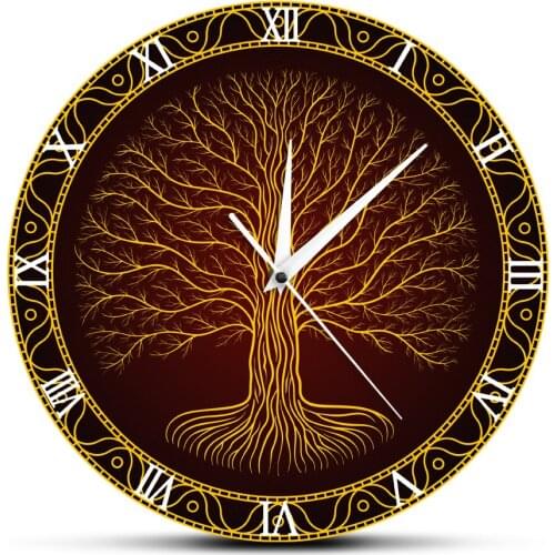 Tree Of Life Viking Mystic Amulet Wall Art Nordic Sacred Symbol Druidic Yggdrasil Tree Printed Wall Clock Decor Mute Wall Watch