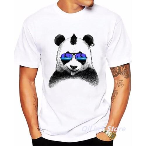 Panda With Glasses Print Tshirt Mens Cool Hip Hop T Shirt Homme Summer White Short Sleeve Top Male Streetwear Camisetas Hombre