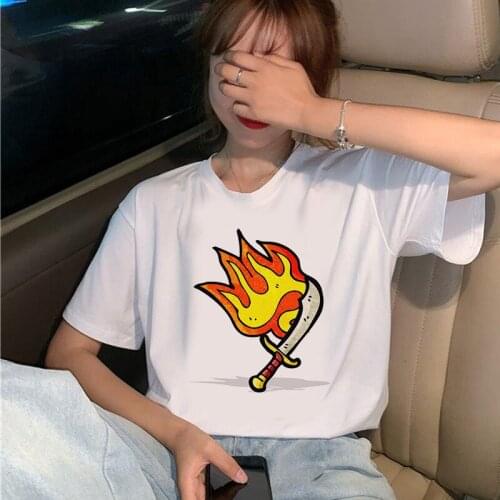 2021 Hot Sale Women T Shirt Summer Short Sleeve Graphic Fire Print Casual Female Top Clothing Oversized Kawaii Girls Tshirt