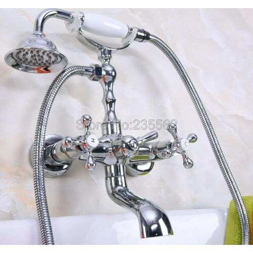 Chrome Wall Mounted Clawfoot Bathtub Faucet Set with Handheld Shower Mixer Taps llna188