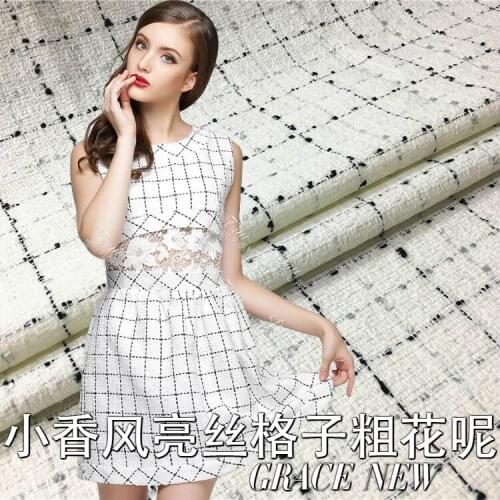 Small fragrance white black line bright fiber / thick tweed coat woollen fabric cloth / square lattice autumn and winter