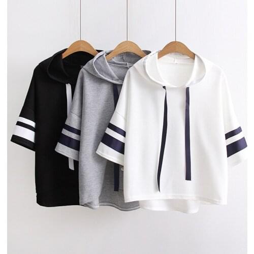 Fashion schoolgirl hooded loose t-coat female students short-sleeved summer new girl seven quarter sleeve coats blouse clothing