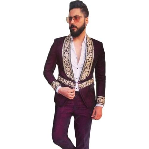 2 Pieces Lace Floral Men Suits Purple Coat+Pant Custom Made Handsome Wedding Suits Single Breasted Formal Luxury Party Wear