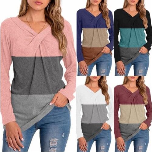 New Women Autumn T-shirt Solid Color V Neck Long Sleeve Casual Tee Tops Female Fall Basic Tees All-matching Plus Size