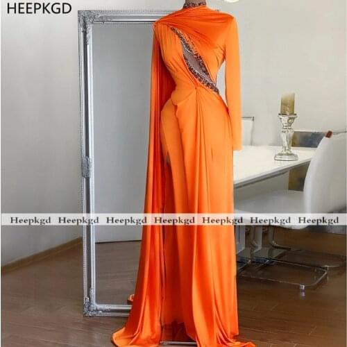 New Design 2021 Orange Formal Evening Dress With Cape High Slit Long Sleeve Rhinestones Satin Special Occasion Prom Gowns