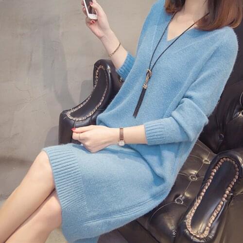 Autumn Winter Women Long Sweater 2021 New Loose V-Neck Long Sleeve Knit Pullover Clothes Lady Casual Large Size knit Dress