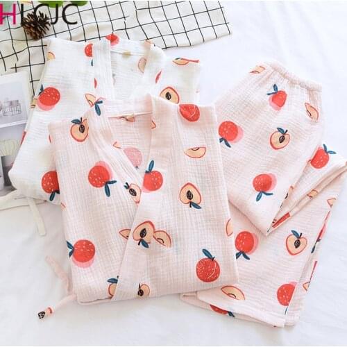 Spring Cotton Crepe Kimono Pajamas For Women Fresh Peach Print Loungewear V-Neck Pyjamas Femme Sleepwear 2 Pieces Home Clothes