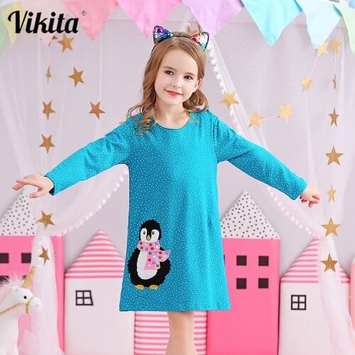 VIKITA Kids Cartoon Penguin Appliqued Dress Girls Dots Print Dresses Children Kids Girl Cotton Clothes Meninas Vestido 3-12 Yrs