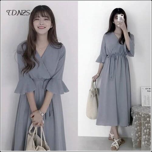 Elegant V Neck Ruffles Women Dress Half Sleeve Tie Waist Female Chiffon Dress 2020 Midi Vestidos femme Korean Style Shirt Dress