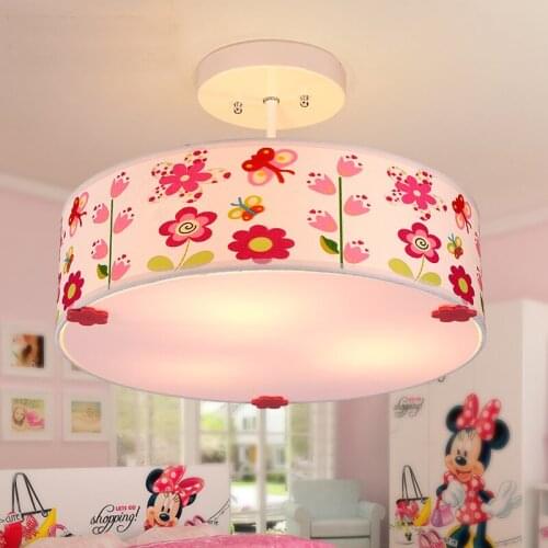 Simple Kids Room Eye protection Droplight Pink Romantic Princess Girls Cartoon Butterfly Flowers Round Cloth Pendant Light