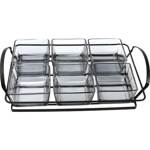 Transparent Crystal Glass Plate Square Dessert Bowl Living Room Household Fruit Snack Platter Modern Nut Plate Black Metal Rack