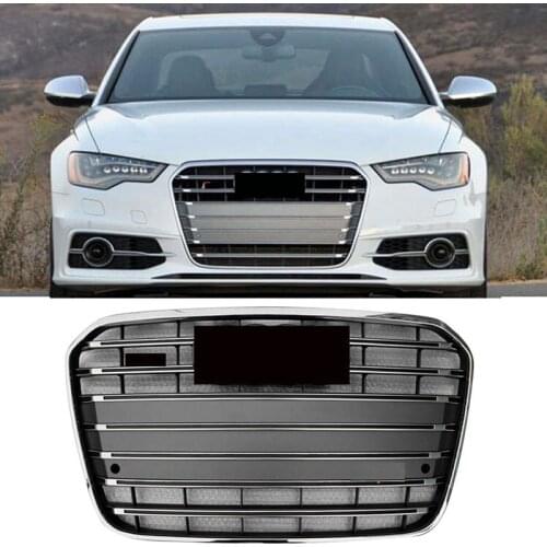 S6 Style Grille Grill For Audi A6 C7 2013 13 2014 14 2015 15 Silver ABS Chrome Frame And Ring Black Mesh