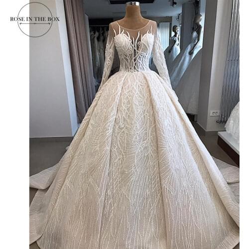2019 Luxury Beading Dubai Wedding Dress Elegant Illusion Long Sleeve Wedding Gowns Customized Plus Size Bridal Dress for Wedding
