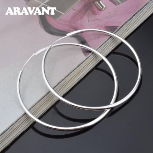 925 Silver 30MM 50MM 60MM Smooth Hoop Earring For Women Girls Charm Jewelry Gift