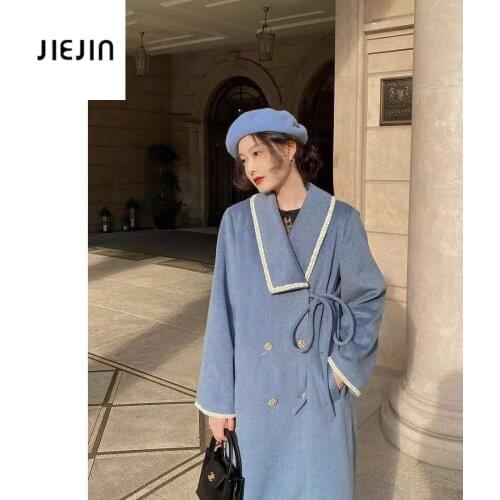 Korea elegant Blue tweed trench coat for women Slim warm woolen overcoat Fleece Coat Elegant Blend Coats Long Coat Outerwear