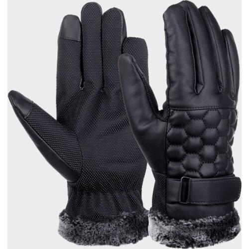 Vbiger Men Winter Warm Gloves Retro Thickened PU Leather Touchscreen Gloves Plush Cuff Outdoors Anti-Skid Gloves for Men ML077