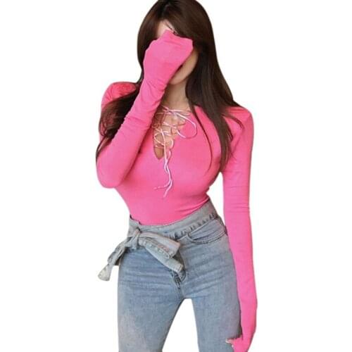 Womens t-Shirts Korean Style V-Neck Tshirt Hollow Lace-Up Sexy Slim Long Sleeve Tee Shirt Tops