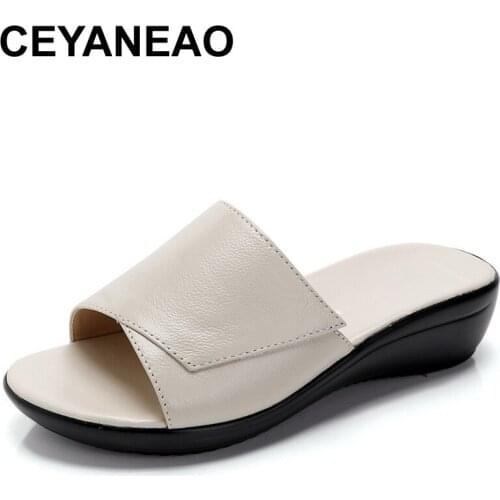 CEYANEAO 2019 Summer Genuine Leather Shoes Woman Flip Flops Wedges Fashion Platform Female Slides Ladies Shoes Peep Toe2120