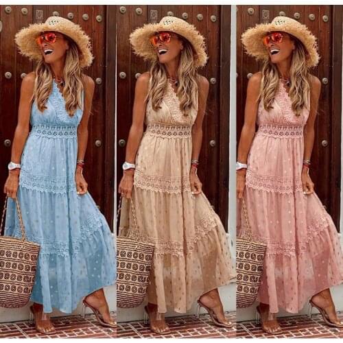 2020 Summer Autumn Boho Casual Dot Sequin Woman Dress Sexy V-Neck Sleeveless Patchwork Party Maxi Dresses for Women Vestidos
