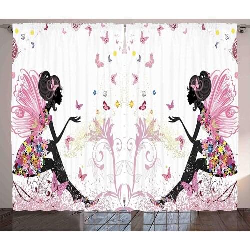 Girls Curtains Fairy Girl with Wings in a Floral Dress Magical Fantasy Garden Flying Butterflies Living Room Bedroom Window Drap