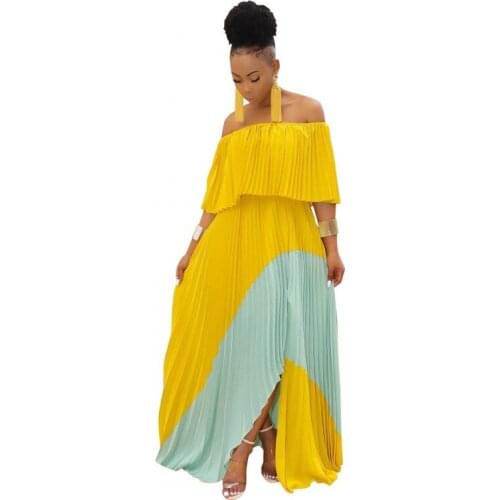 Women Sexy One Shoulder Chiffon Pleated Patchwork Party Night Long Dress Beach Fashion Yellow Maxi Dress Female Dinner Robe